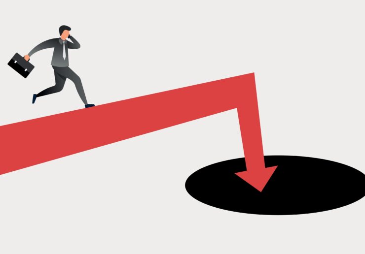 Crisis,Concept,With,Businessman,Running,On,Falling,Arrow,Toward,Black
