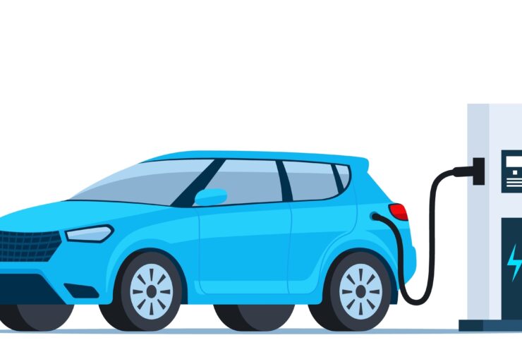 Blue,Electric,Car,Charging,,Side,View.,Electric,Car,Charging,Station.