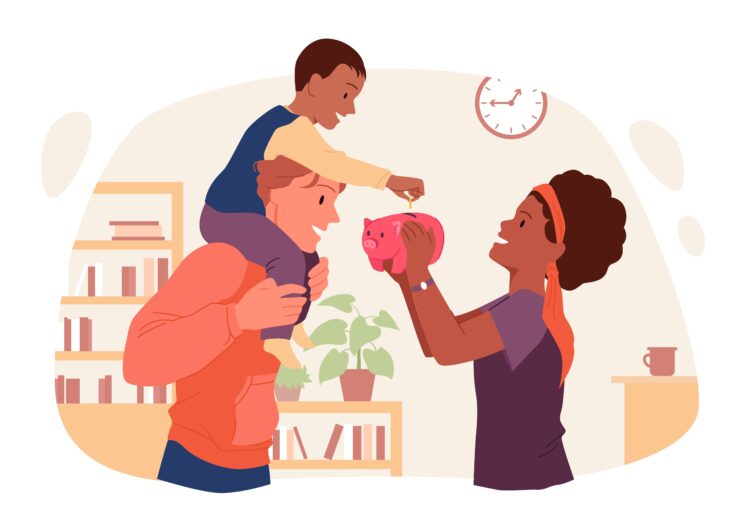 Happy,Family,Putting,Money,In,Piggy,Bank.,Child,Saving,Coins