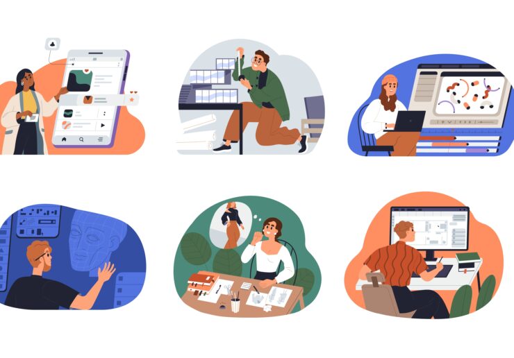 Different,Designers,Set.,Creative,People,At,Laptop,Computers,And,Desks